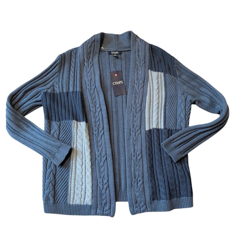 Chaps Women’s Cardigan Sweater Size Large Gray Blue Cable Knit Open Front NWT